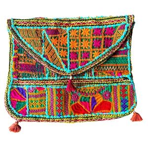 Boho Embroidered Tribal-Inspired Foldover Clutch Pouch with Tassels 10x13